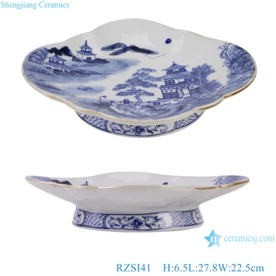 Piatto da frutta in ceramica con piede alto, forma ovale, in porcellana bianca e blu di Jingdezhen